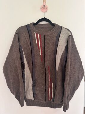 Vintage Wool Grandpa Sweater Brown Red Chunky Knit Made USA Unisex Large